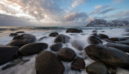 Fototapeta na wymiar Lofoten islands traditional landscape of Norwegian nature.
