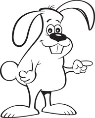 Black and white illustration of a happy rabbit pointing.