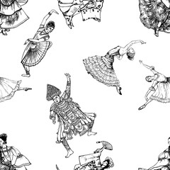 Seamless pattern of hand drawn sketch style dancers isolated on white background. Vector illustration. - 317289857