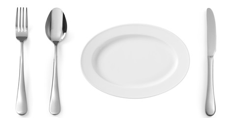 Empty plate with spoon, fork and knife stainless steel isolated on white background top view