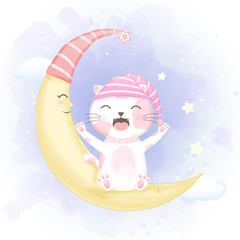 Cute cat open mouth yawning and stretching on crescent moon drawn cartoon illustration