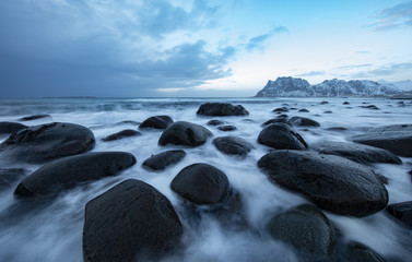 Lofoten islands traditional landscape of Norwegian nature.
