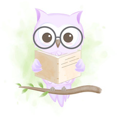 Cute owl reading a book, hand drawn cartoon illustration watercolor