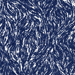 Indigo cyanotype dyed effect distressed worn bleached graphical motif. Noisy brushed faded mottled, intricate grungy stained navy design. Seamless repeat vector eps 10 pattern swatch.