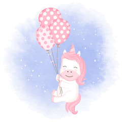 Fototapeta na wymiar Cute baby unicorn with balloon hand drawn cartoon watercolor illustration