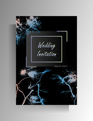 Design wedding invitation template. Colored spots of paint on a black background are drawn by hand. Vector 10 EPS.