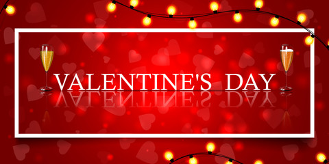 Valentine's day, modern horizontal red banner for your design with glasses of champagne, hearts, garland, white frame, shadow and reflection,  vector illustration