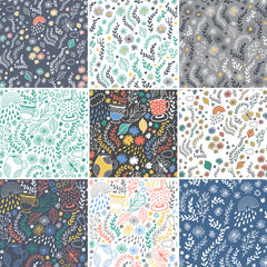 Seamless floral patterns, set of vector flower backgrounds