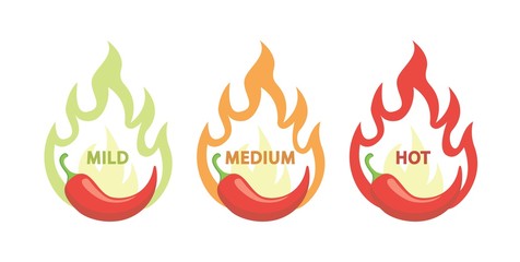 Spicy chili hot pepper, food spice level, spiciness level. Vector red pepper with flame fire icons
