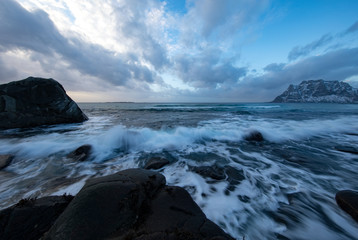 Lofoten islands traditional landscape of Norwegian nature.