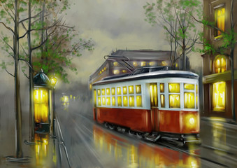 Paintings landscape, old tram in city. Fine art
