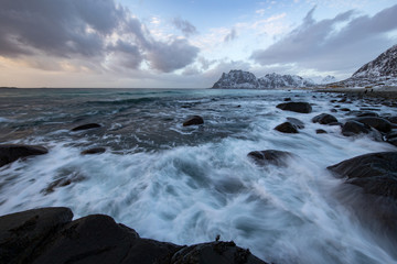 Lofoten islands traditional landscape of Norwegian nature.