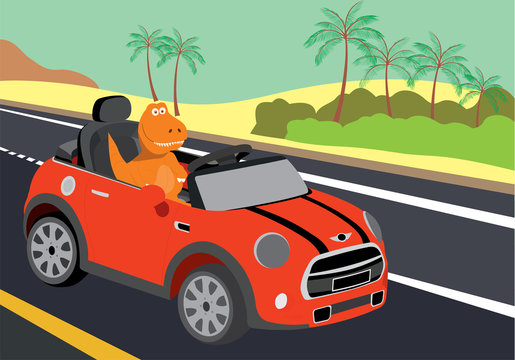 Vector illustration of a dinosaur who rides in a mini cooper on the road