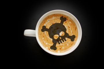 white wide cup of coffee, skull-shaped cappuccino on a black background with vignette, top view, save space, close-up, danger concept