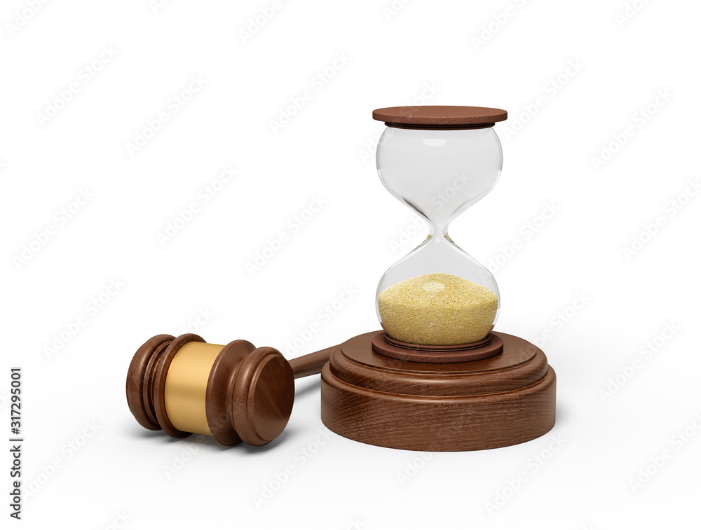 Aufkleber 3d rendering of hourglass standing on sounding block with gavel lying beside.