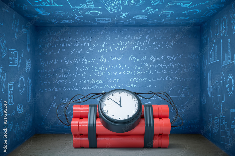 Poster 3d rendering of huge time bomb lying on floor in blue room with walls all covered in algebraic formu