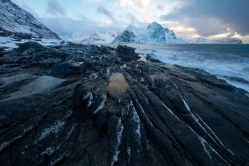 Lofoten islands traditional landscape of Norwegian nature.
