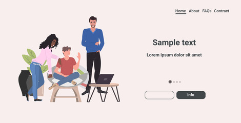 people bloggers taking video translation mix race men women using laptop streaming live social media network communication blogging concept horizontal full length vector copy space vector illustration