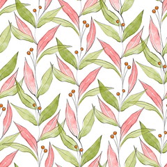 Watercolor seamless pattern with green leaves on white. Hand-drawn background