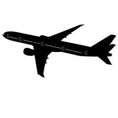 Black silhouette of a passenger airplane on a white background.