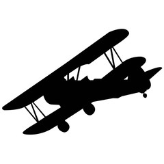 Propeller motor aircraft with two wings. Black silhouette on a white background. Vector image.