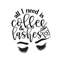 All I need is coffee and lashes - Vector eps poster with eyelashes and latte. Brush calligraphy isolated on white background. Feminism slogan with hand drawn lettering.