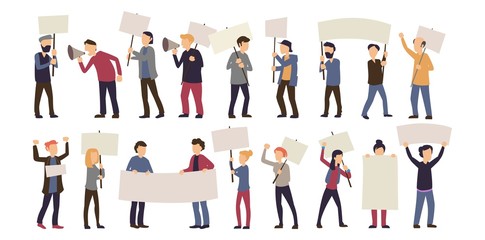 Group of male and female protest isolated on white vector illustration. People holding signs and placards flat style design. People against violence, pollution or discrimination