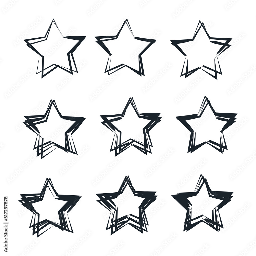 Poster Set of black hand drawn vector stars in doodle style template color editable. Could be used as pattern symbol vector sign isolated on white background illustration for graphic and web design.