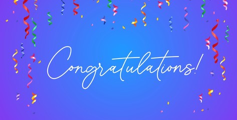 Fototapeta na wymiar Congratulation banner with confetti on blue gradient background vector illustration. Congrats template with white lettering. Festive ribbons and serpentine falling down