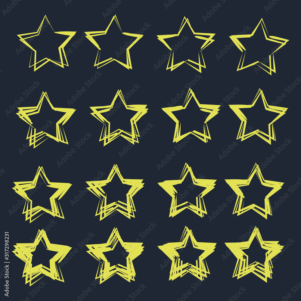 Poster Set of black hand drawn vector stars in doodle style template color editable. Could be used as pattern symbol vector sign isolated on white background illustration for graphic and web design.