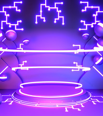 Game concept gradients purple and blue abstract podium showcase. 3D rendering