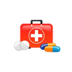 Medicaments and first aid kit icons on white background vector illustration. Collection of supplies and equipment used to give medical treatment flat style design. Medicine concept