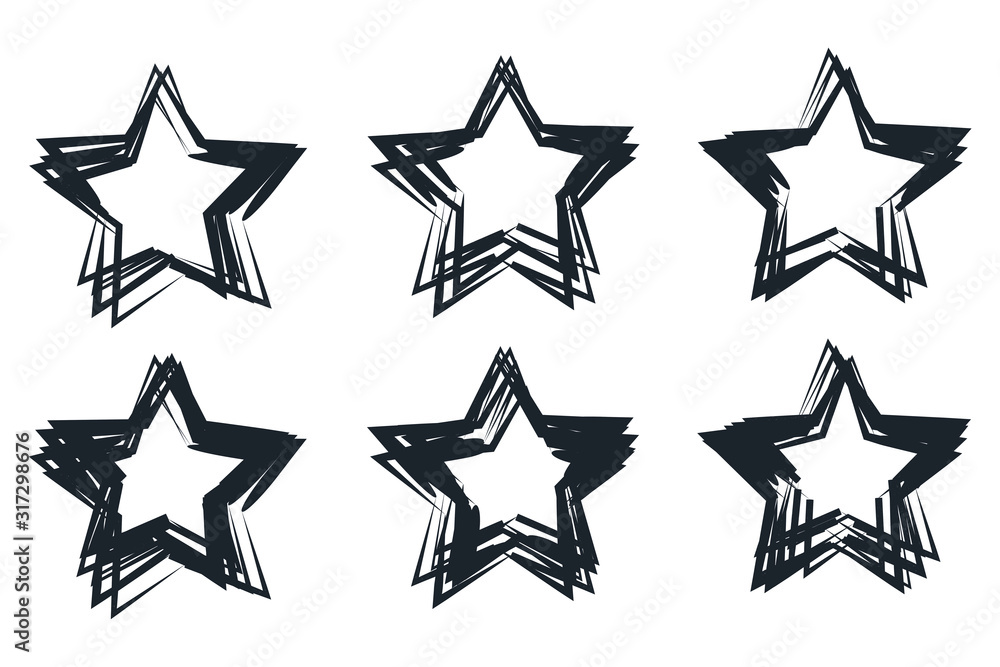 Poster Set of black hand drawn vector stars in doodle style template color editable. Could be used as pattern symbol vector sign isolated on white background illustration for graphic and web design.
