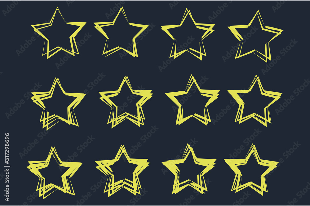 Poster Set of black hand drawn vector stars in doodle style template color editable. Could be used as pattern symbol vector sign isolated on white background illustration for graphic and web design.
