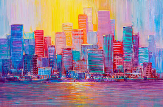  Artistic painting of skyscrapers. Abstract style. Cityscape panorama. © serge-b