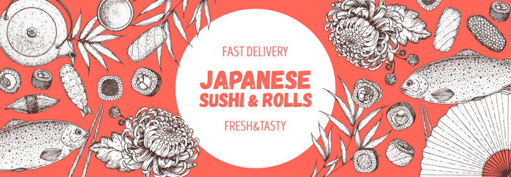 Sushi and rolls vector illustration. Hand drawn sketch. Japanese food menu design. Vintage vector elements for japanese cuisine menu. Retro style design. Food and drink collection.
