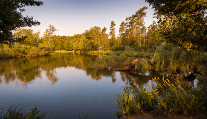 colorful romantic lake in autumn forest with reflection