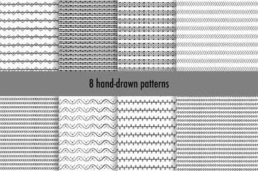 Collection of simple hand-drawn patterns with geometric ornament. Vector illustration