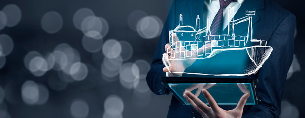 man hand tablet with ship in screen © ARAMYAN