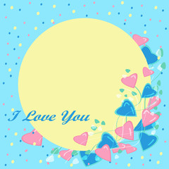 Abstract flowers from hearts on a background of a stylized sun. Vector frame template for greeting card.