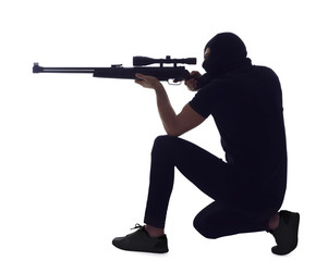 Professional killer with sniper rifle on white background