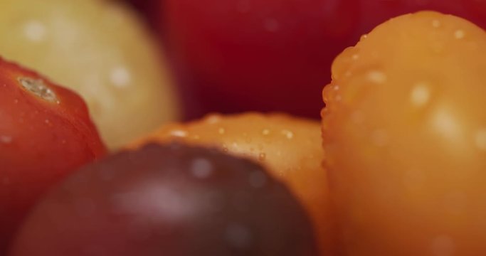 Medley of heirloom grape cherry tomatoes. Shot in 4K RAW on a cinema camera.