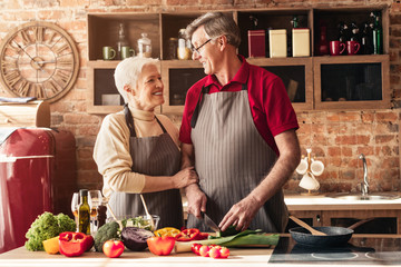 Happy senior man and woman cooking healthy lunch at kitchen