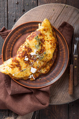 Irish Potato pancakes, latkes or boxty and sauces on wooden background
