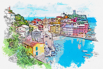 Watercolor picture of Beautiful landscape view  Vernazza famous landmark at Cinque terre Italy. © Destiny