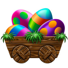Easter. Easter eggs in a wooden cart with tufts of grass on a white background.