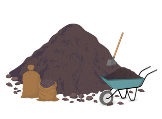 A pile of earth, a pile of soil. Shovel, bags, trolley. Vector illustration on white background.