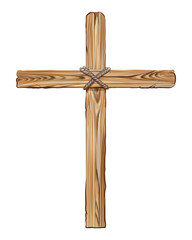 Wooden cross for the crucifixion. Hand-drawn, artistic image of a wooden cross on a white background. - 317304414