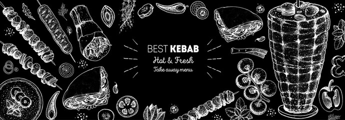 Doner kebab cooking and ingredients for kebab, sketch illustration. Arabic cuisine frame. Fast food menu design elements. Shawarma hand drawn frame. Middle eastern food. - obrazy, fototapety, plakaty