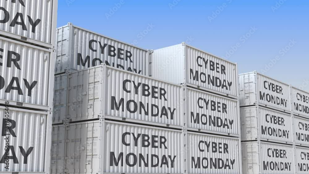 Poster cargo containers with cyber monday text. loopable 3d animation